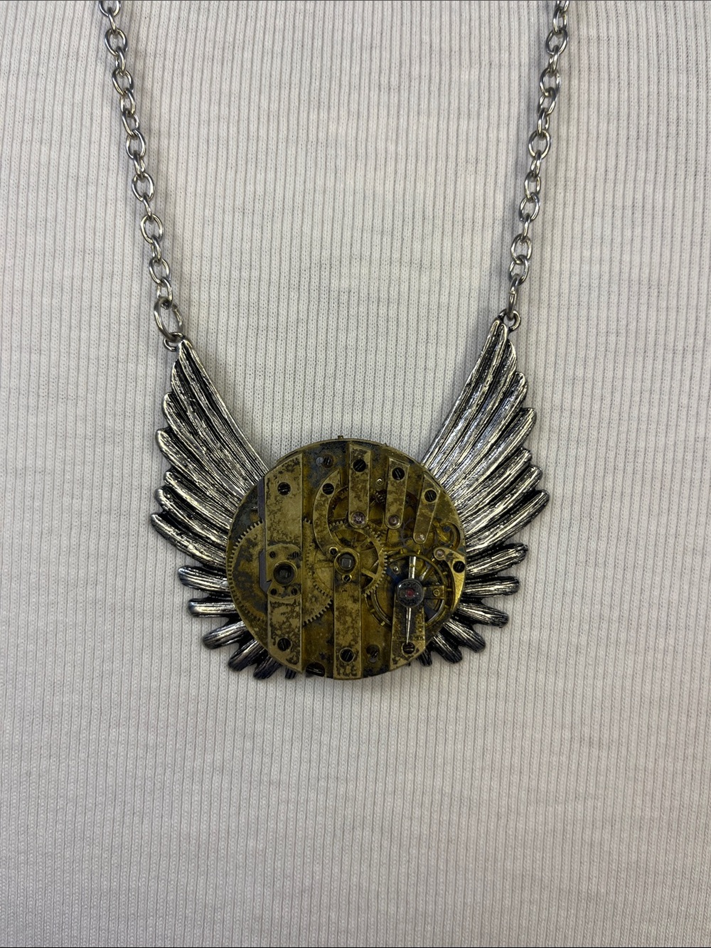 Winged Gear Steampunk Necklace in Gold and Silver - one of a kind!